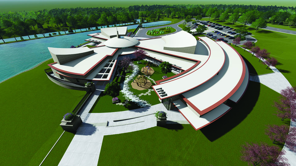 A rendering of a new Frank Lloyd Wright-inspired building to support literacy programs in Wichita, Kan.