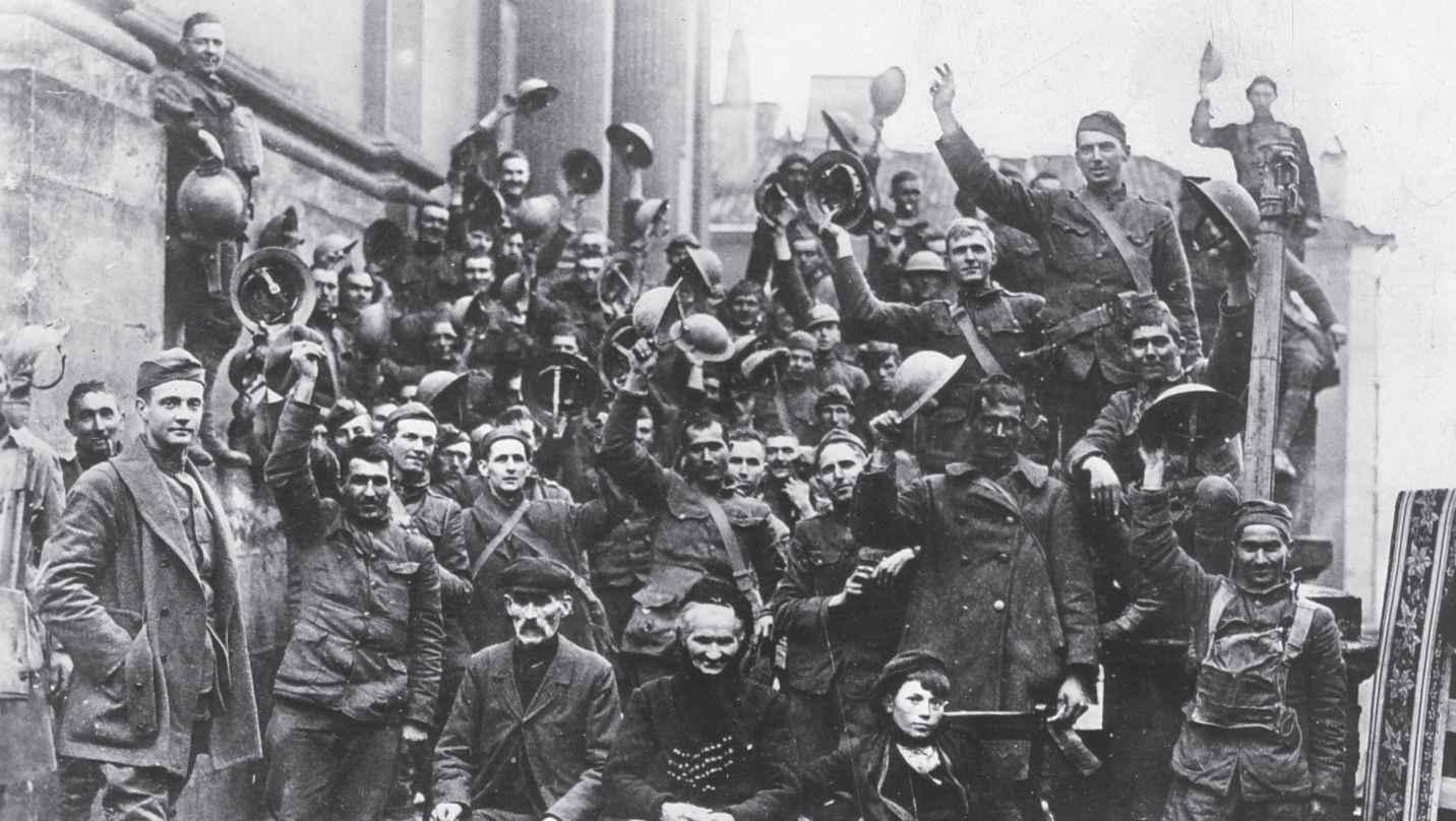 Black and white image from WW1 service members celebrating.