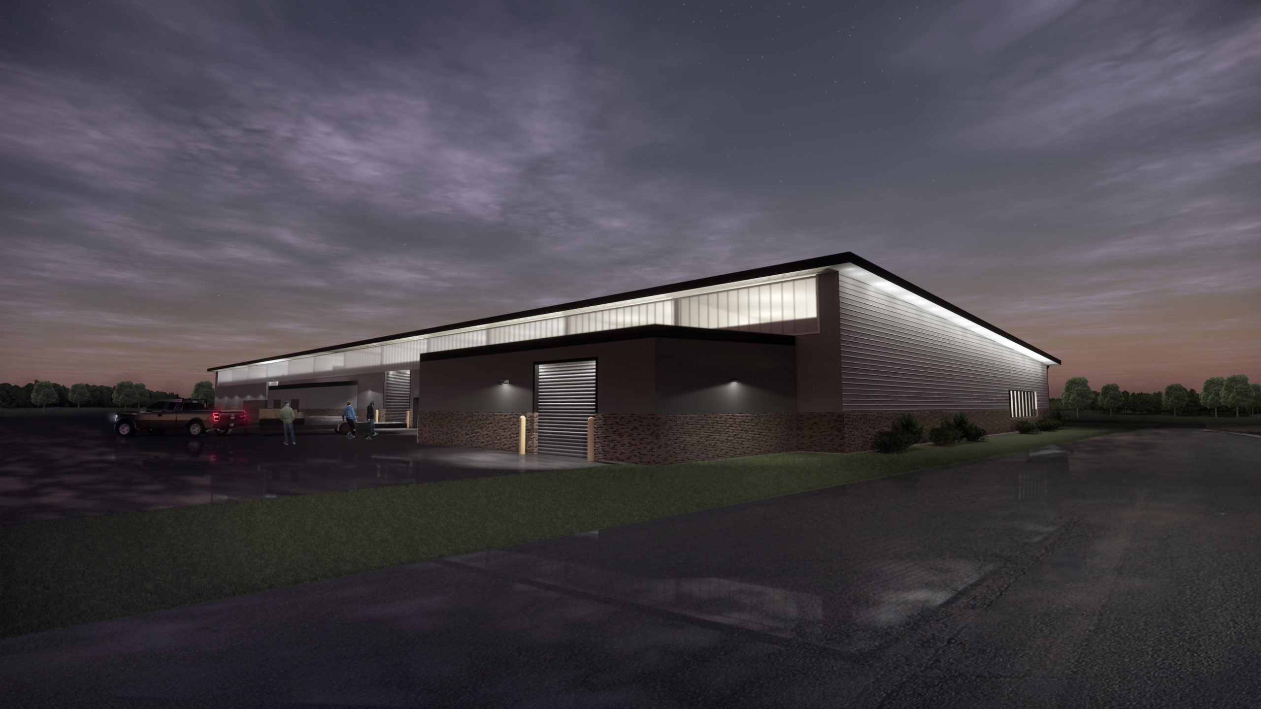 A night shot of the renovated Olen Howard Workforce Innovation Center