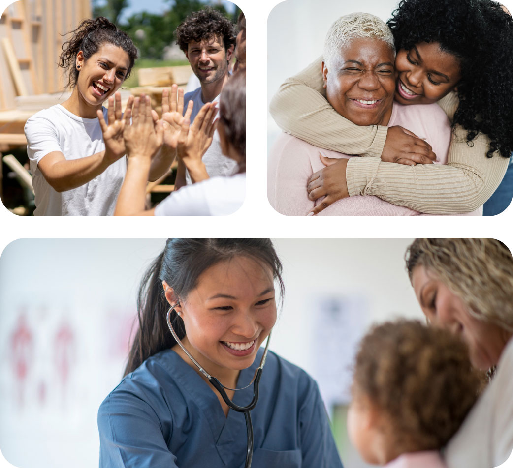 A group of images showing people high fiving, a young woman hugging an older woman, and a female doctor smiling at a patient.