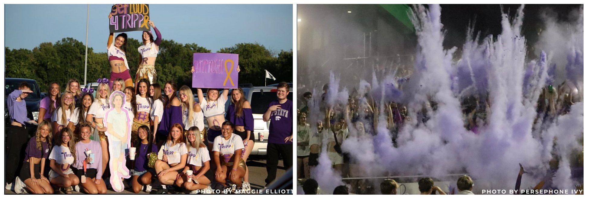 Students rally in support of Tripp, a teen battling cancer, with one photo showing a spirited group in purple and gold holding signs and a cutout of Tripp, and the other capturing a crowd at a football game erupting in a burst of purple powder.