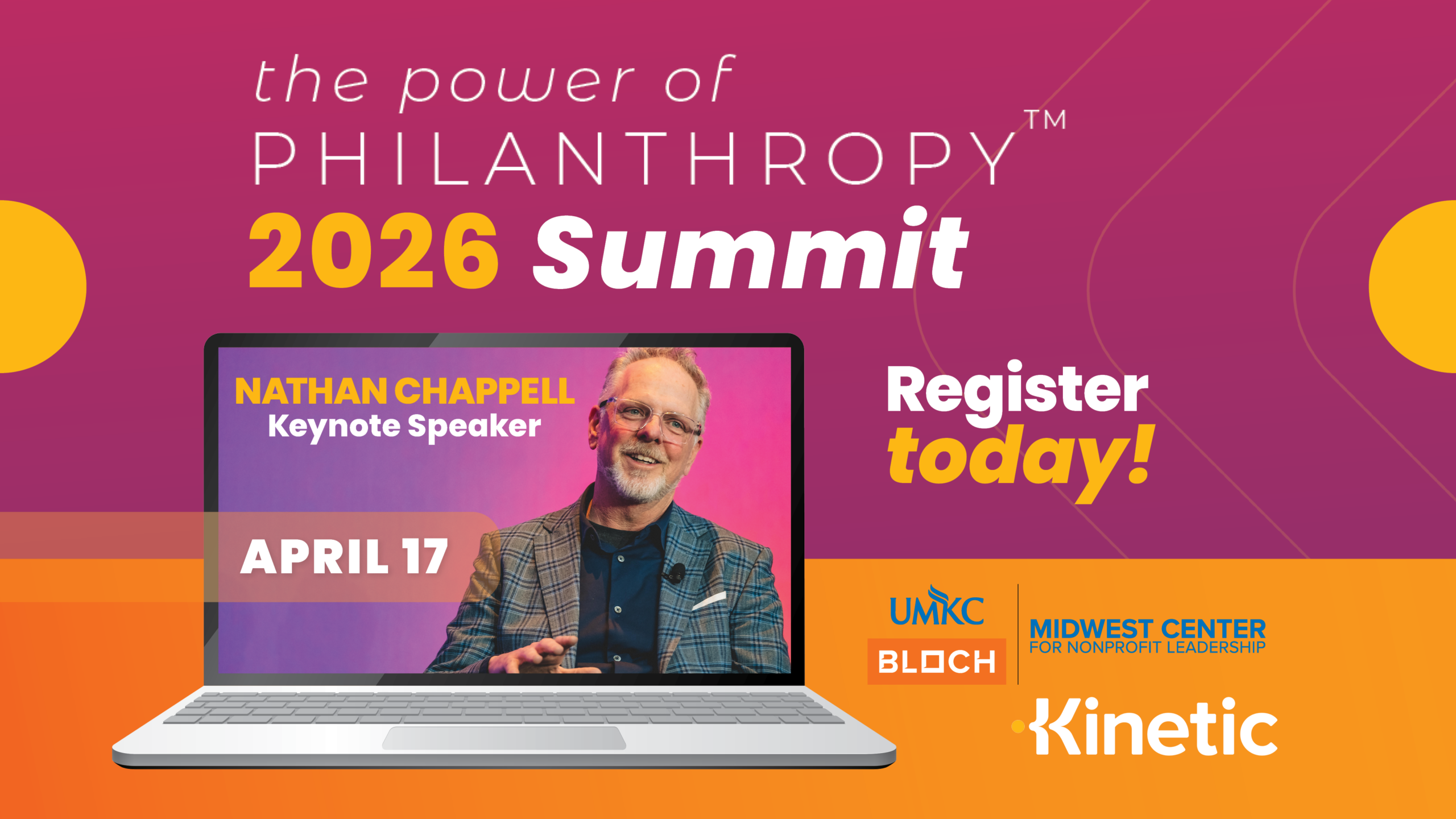 Power of Philanthropy Summit 2026 virtual event graphic featuring keynote speaker Nathan Chappell with registration call to action